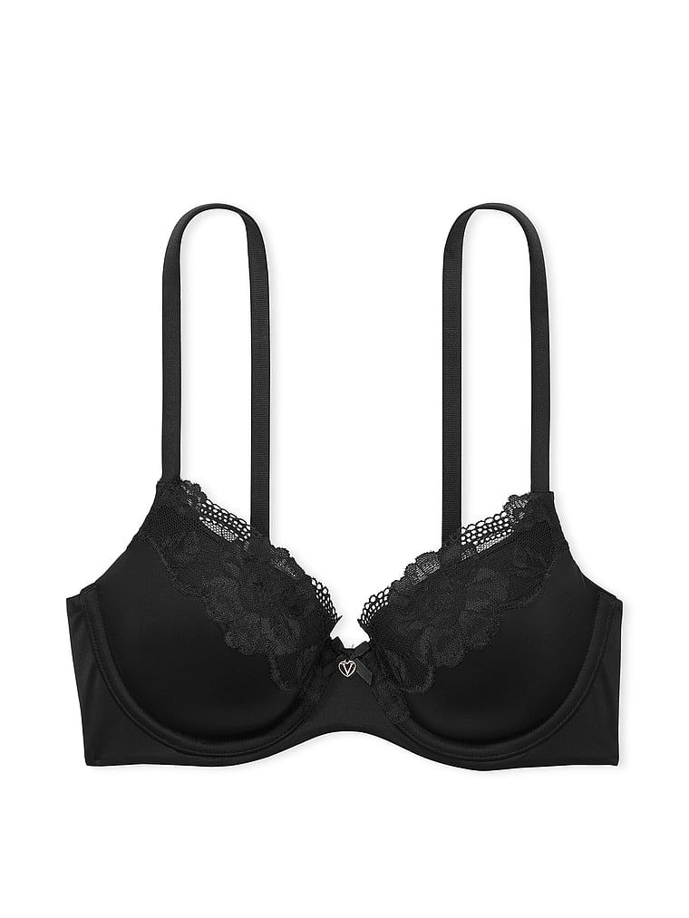 Na zdjęciu na białym tle widoczny jest biustonosz lekko usztywniany z koronką Lace-Trim Demi. Produkt ma kolor czarny i pochodzi z kolekcji Body by Victoria.