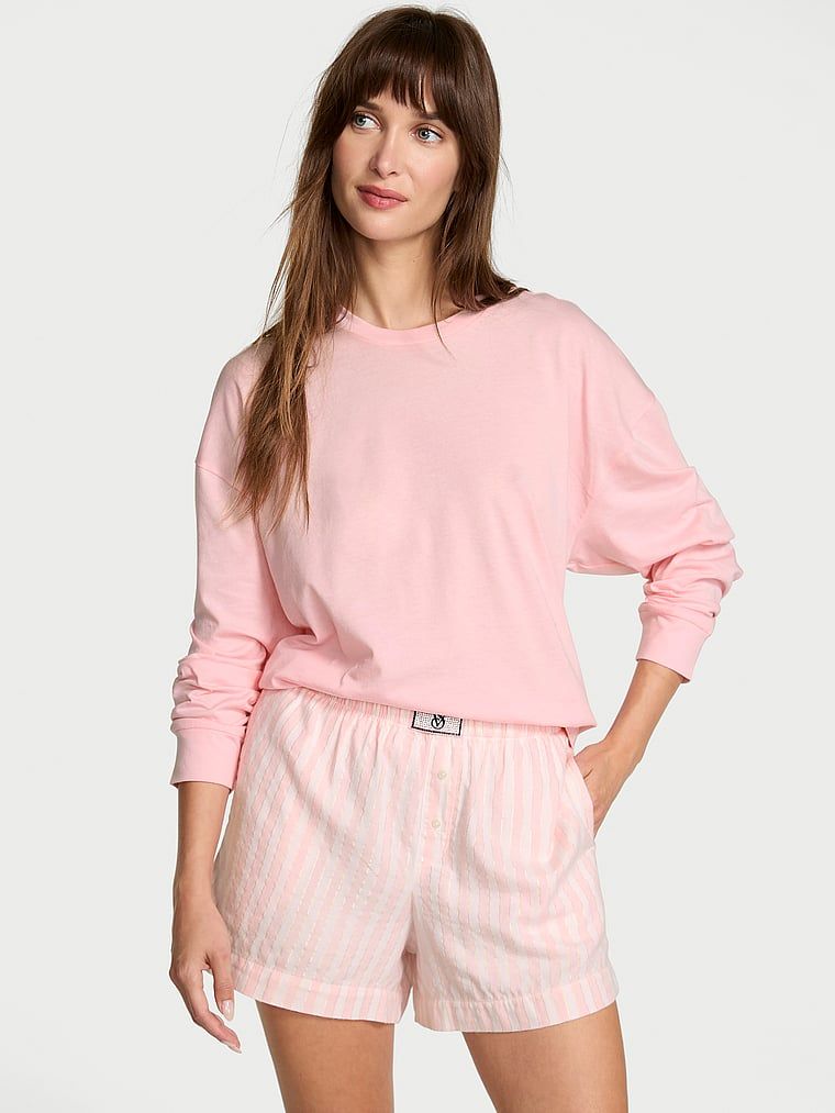 Piżama z flaneli z długimi rekawami i szortami Tee-Jama. Produkt ma kolor różowy i pochodzi z kolekcji Victoria's Secret. 