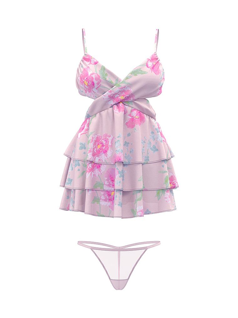 Halka i stringi Peony Chiffon Ruffled Babydoll. Produkt ma wzór kwiatowy i pochodzi z kolekcji Very Sexy. 