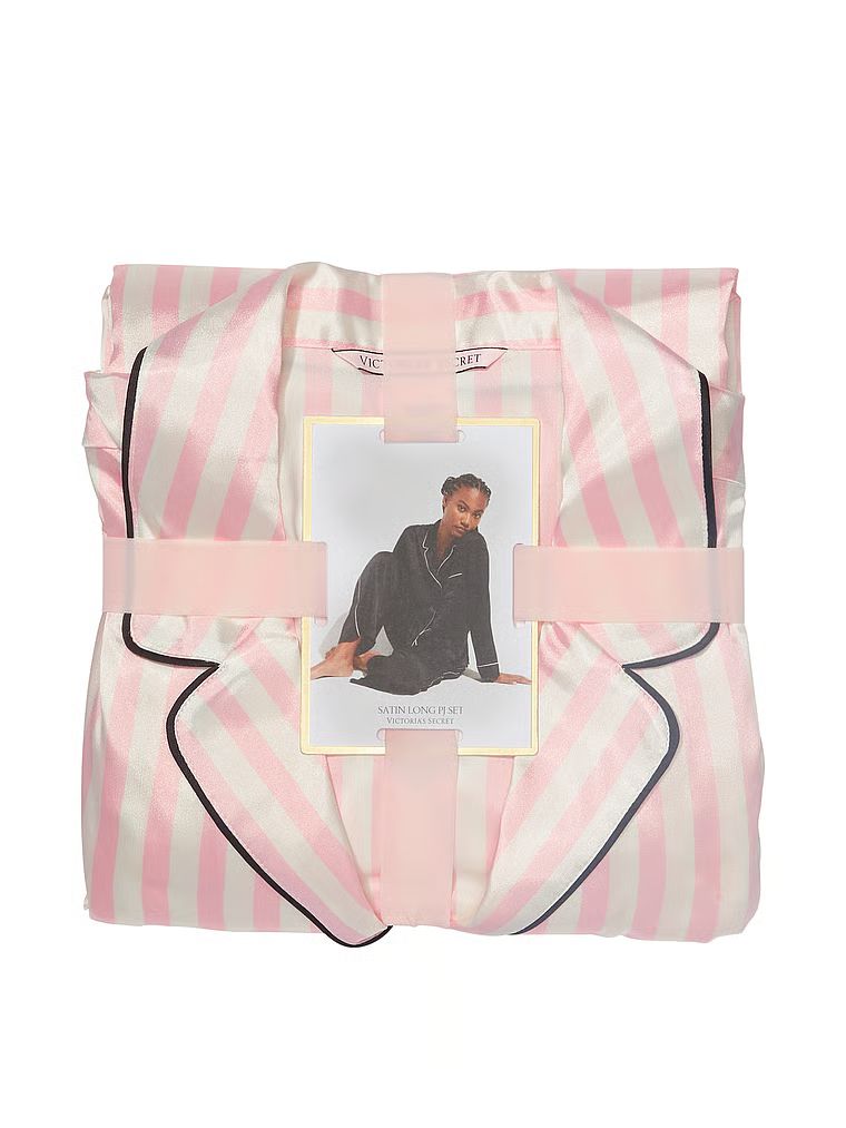 Satynowa piżama z długim rękawem. Produkt ma wzór w paski i pochodzi z kolekcji Victoria's Secret.
