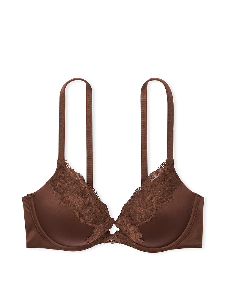 Na zdjęciu na białym tle widoczny jest biustonosz push-up z koronką Lace-Trim. Produkt ma kolor brązowy i pochodzi z kolekcji Body by Victoria.