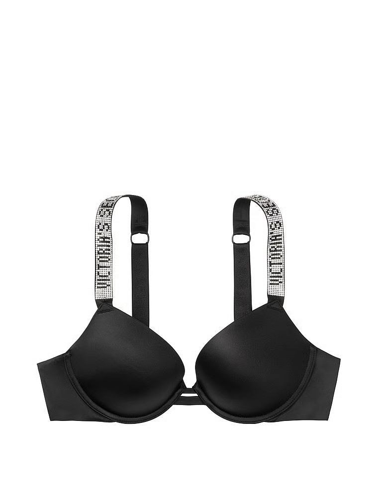 Na zdjęciu na białym tle widoczny jest biustonosz push-up Shine Strap. Produkt ma kolor czarny i pochodzi z kolekcji Very Sexy.