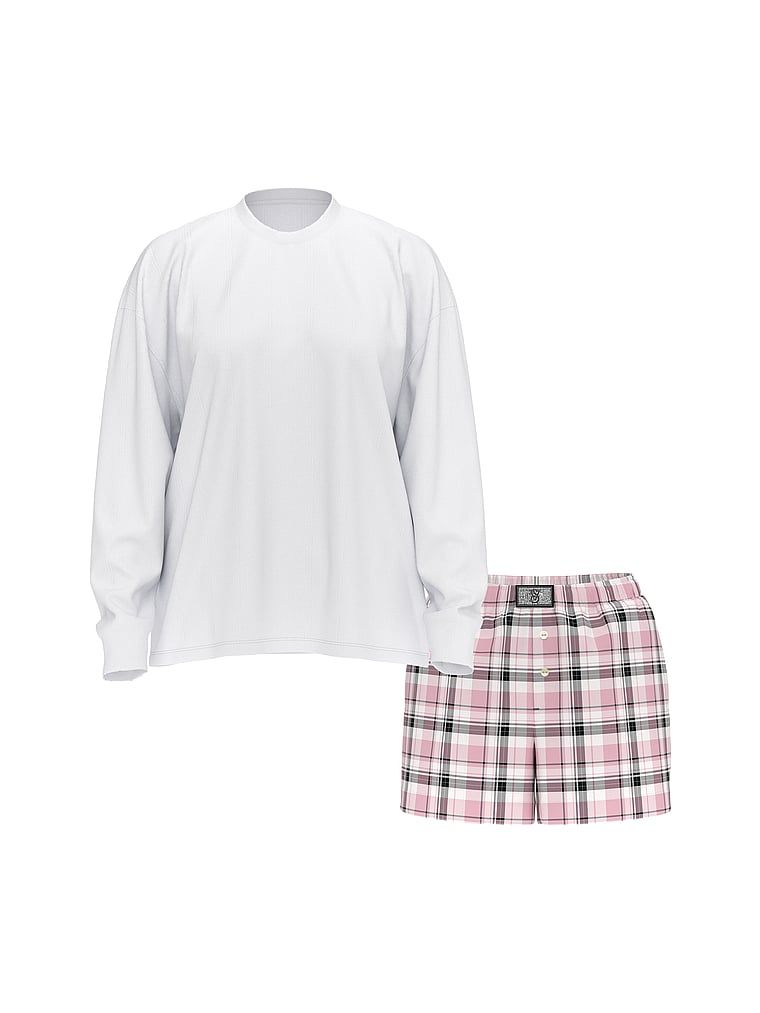 Piżama z flaneli z długimi rekawami i szortami Tee-Jama. Produkt ma kolor biały i pochodzi z kolekcji Victoria's Secret. 