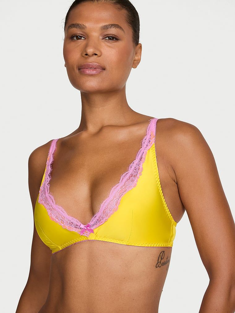 Biustonosz nieusztywniany bez fiszbin satynowy Tease. Produkt ma kolor żółty i pochodzi z kolekcji Victoria's Secret. 