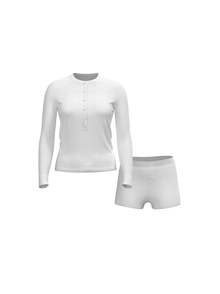 Piżama z długim rękawem i szortami Cozy Pointelle. Produkt ma kolor biały i pochodzi z kolekcji Victoria's Secret. 