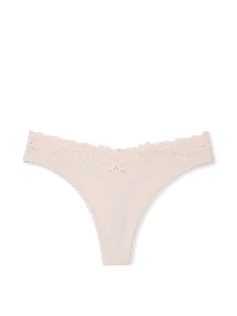 Stringi bawełniane z koronką w talii Lace-Waist Scoop. Produkt ma kolor beżowy i pochodzi z kolekcji Victoria's Secret. 