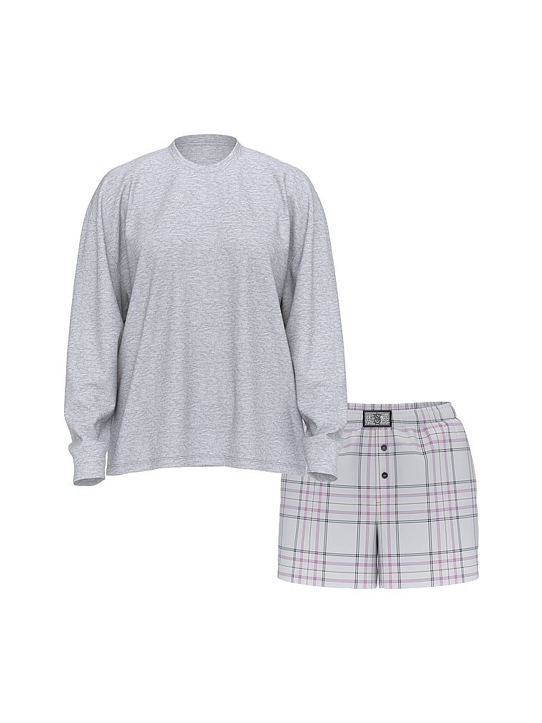 Piżama z flaneli z długimi rekawami i szortami Tee-Jama. Produkt ma kolor szary i pochodzi z kolekcji Victoria's Secret. 