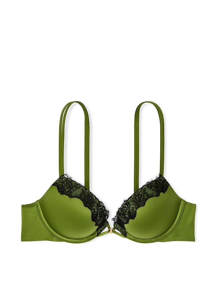 Na zdjęciu na białym tle widoczny jest biustonosz push-up ze wstawkami z koronki Smooth Lace-Trim. Produkt ma kolor zielony i pochodzi z kolekcji Very Sexy.
