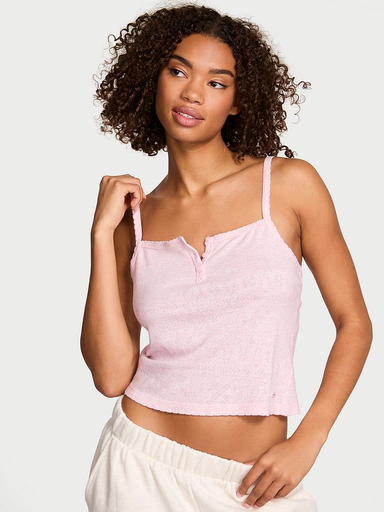 PINK Koszulka typu Henley z dzianiny pointelle