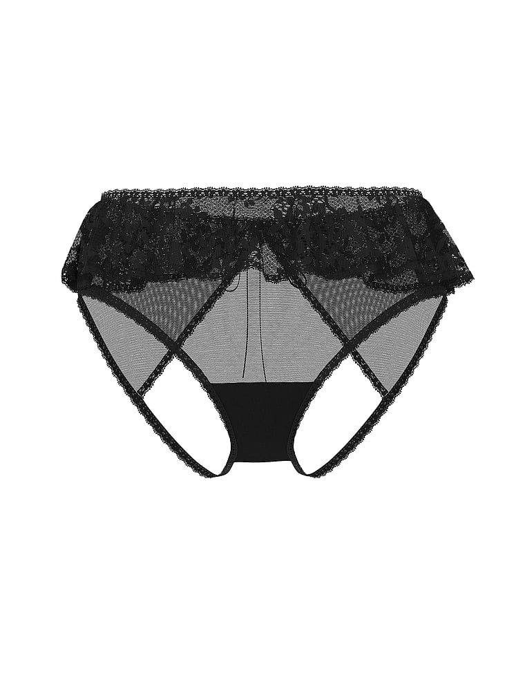 Majtki z otwartym tyłem z koronkowymi falbankami Heritage. Produkt ma kolor czarny i pochodzi z kolekcji Dream Angels. 