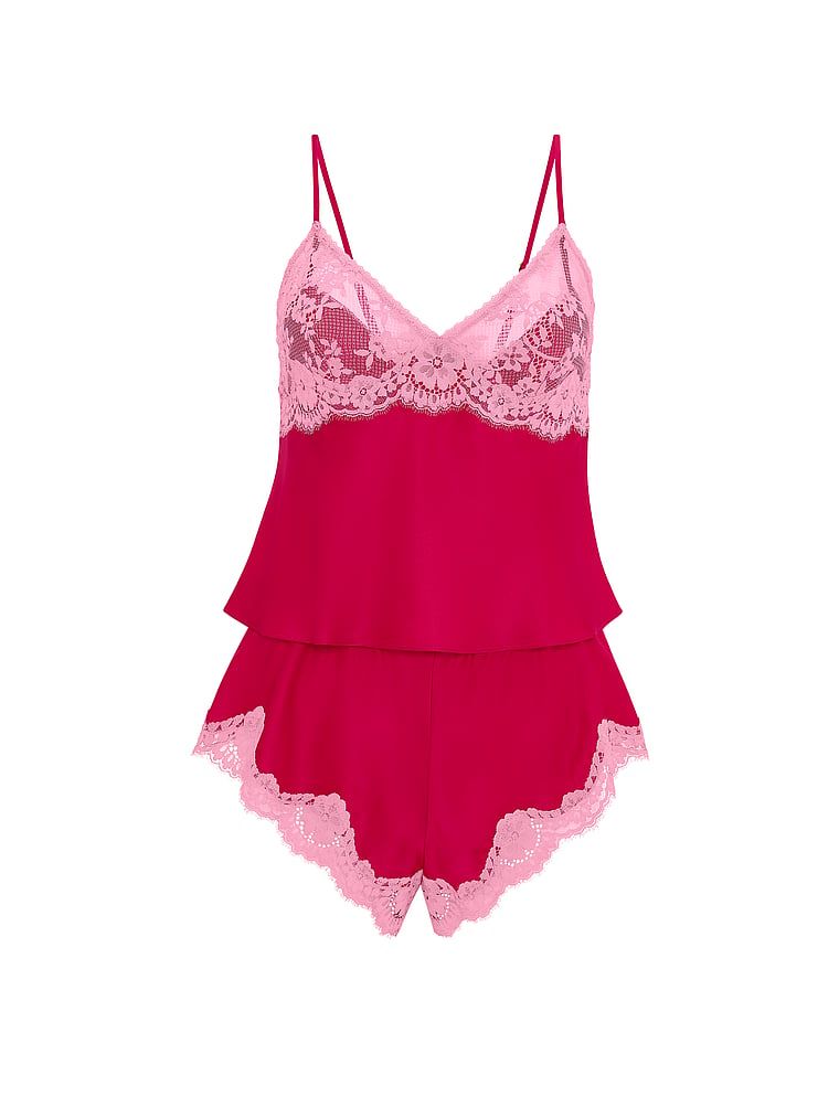 Zestaw satynowy do spania Lace-Trim. Produkt ma kolor różowy i pochodzi z kolekcji Dream Angels. 