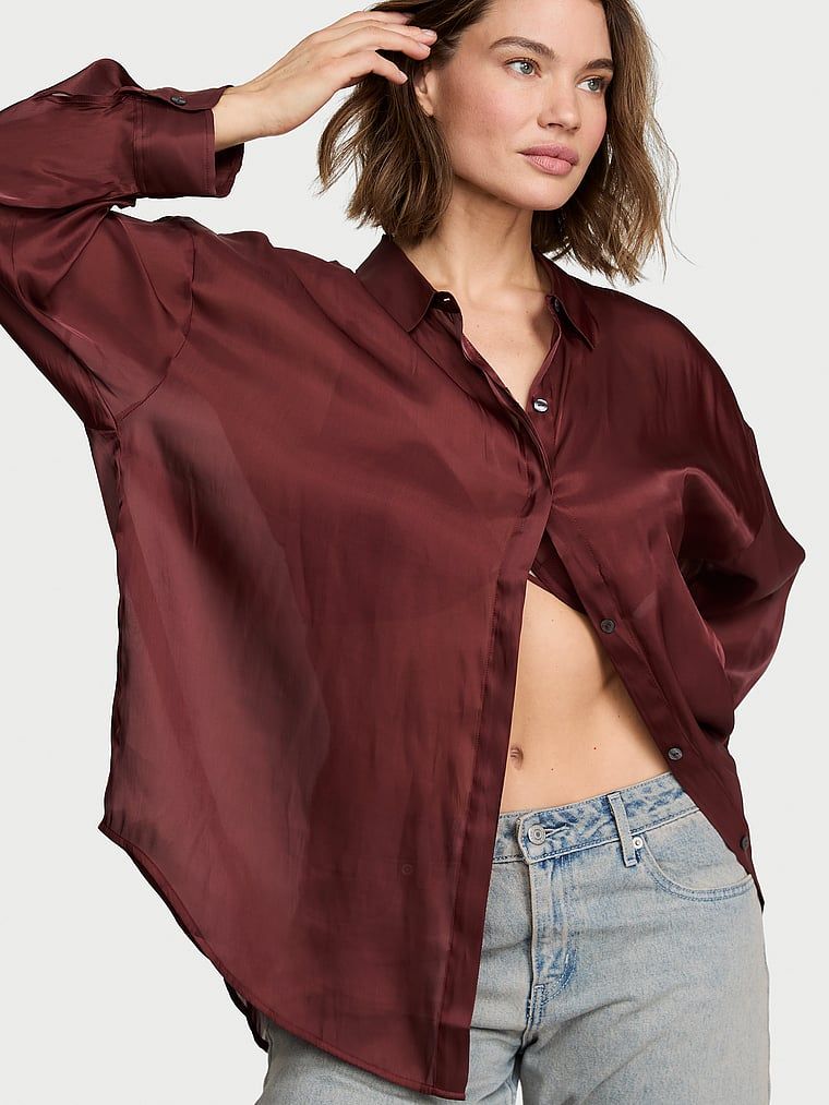 Victoria's Secret Bluzka koszulowa satynowa prześwitująca Luxe Sheer
