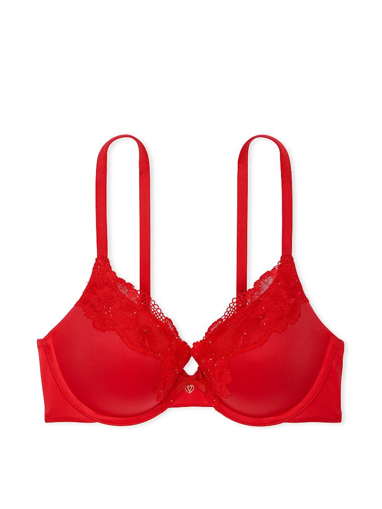 Na zdjęciu na białym tle widoczny jest biustonosz push-up z koronką Lace-Trim Perfect Shape. Produkt ma kolor czerwony i pochodzi z kolekcji Body by Victoria.