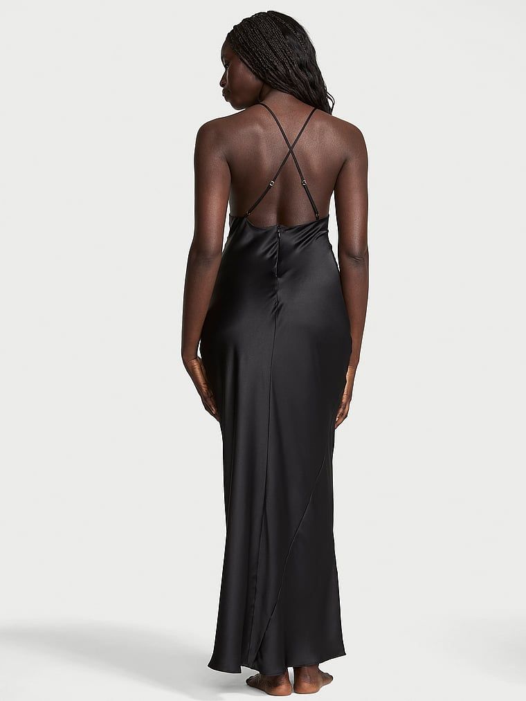 Victoria's Secret Suknia satynowa maxi z koronkowym dekoltem Sheer Rose