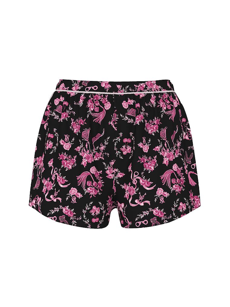 Szorty satynowe do spania. Produkt jest wzorzysty i pochodzi z kolekcji Victoria's Secret. 