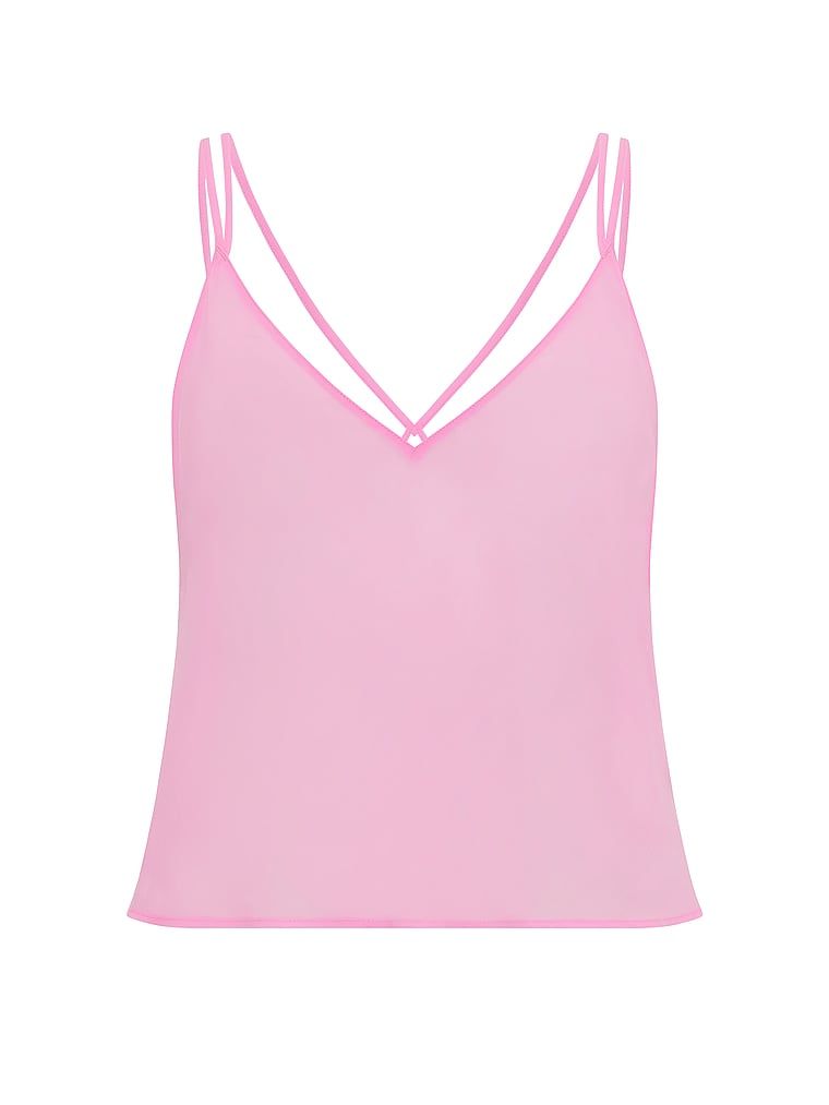 Top z szyfonu do spania. Produkt ma kolor różowy i pochodzi z kolekcji Victoria's Secret. 