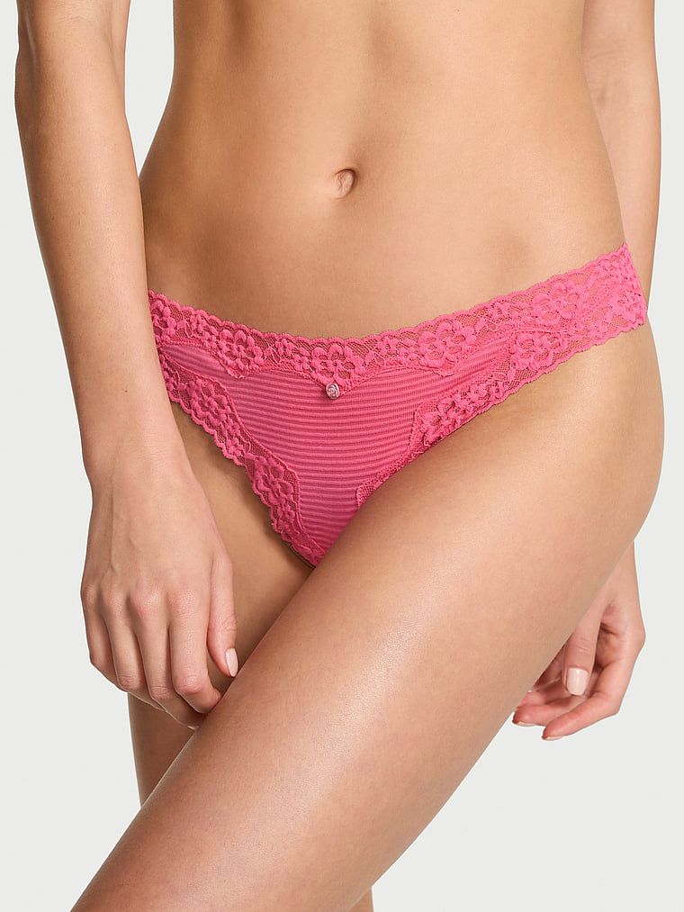 Lace Trim Stringi bawełniane w paseczki z koronką na krawędziach