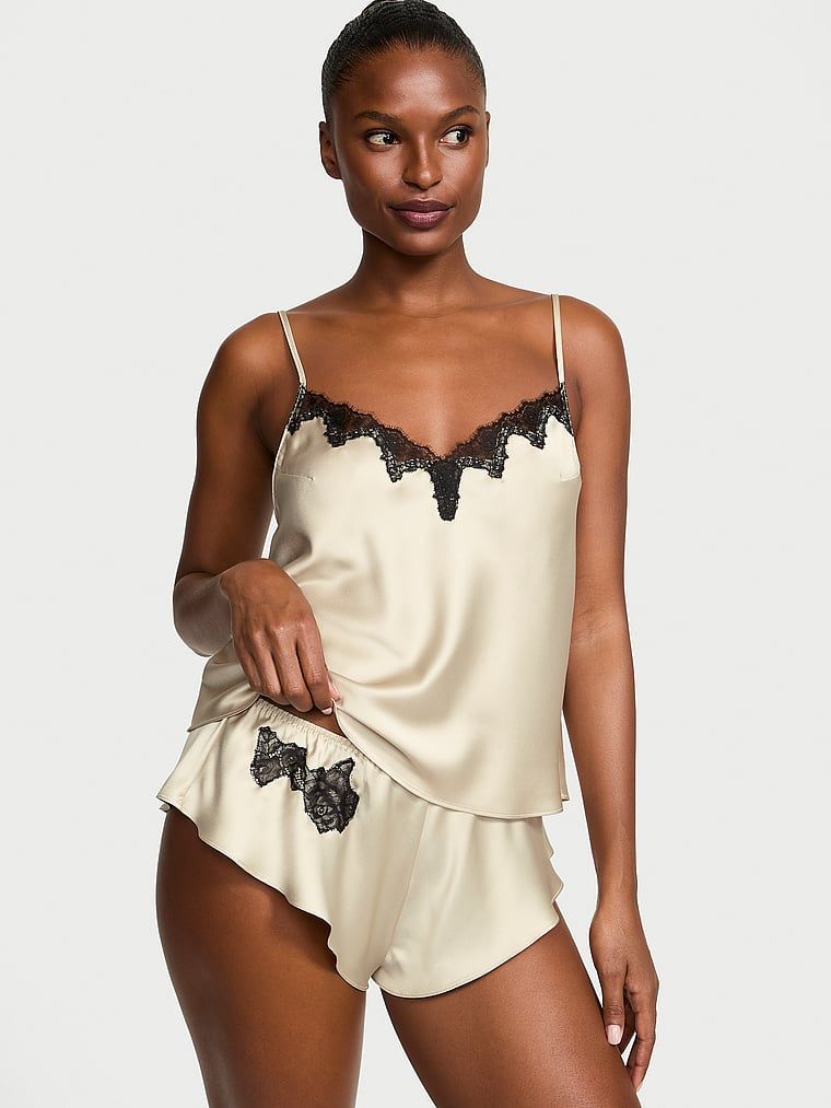 Victoria's Secret Satynowy zestaw z koronką do spania Satin Rose Lace-Trim