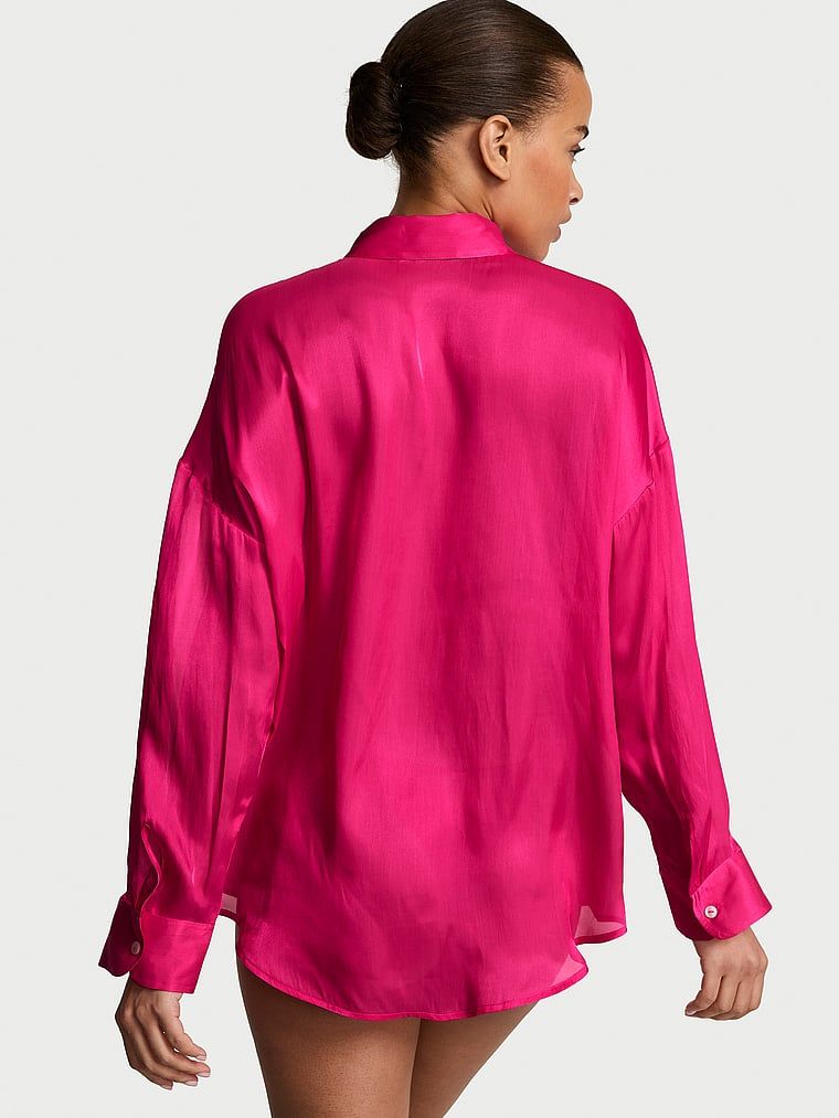 Bluzka koszulowa satynowa prześwitująca Luxe Sheer. Produkt ma kolor różowy i pochodzi z kolekcji Victoria's Secret. 