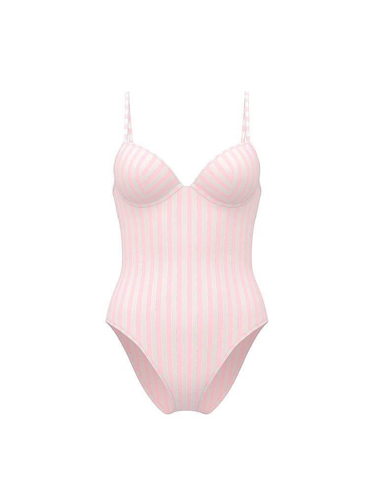 Strój kąpielowy jednoczęściowy Essential Heritage Stripe Balconette. Produkt ma kolor różowy i pochodzi z kolekcji Victoria's Secret Swim. 
