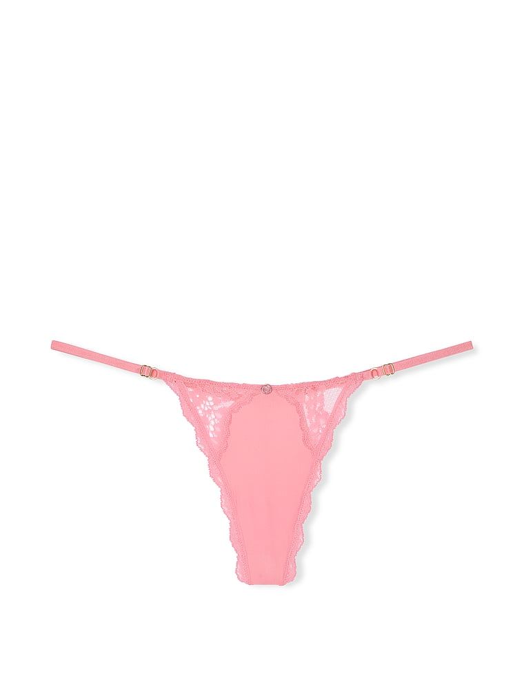 Stringi z koronką z regulowanymi paskami Lace-Trim V-String. Produkt ma kolor różowy i pochodzi z kolekcji Dream Angels. 