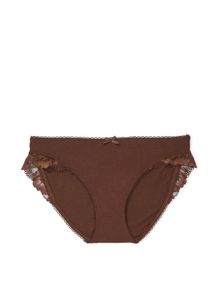 Majtki bawełniane ze wstawkami z koronki Lace-Trim Bikini. Produkt ma kolor brązowy i pochodzi z kolekcji Victoria's Secret. 
