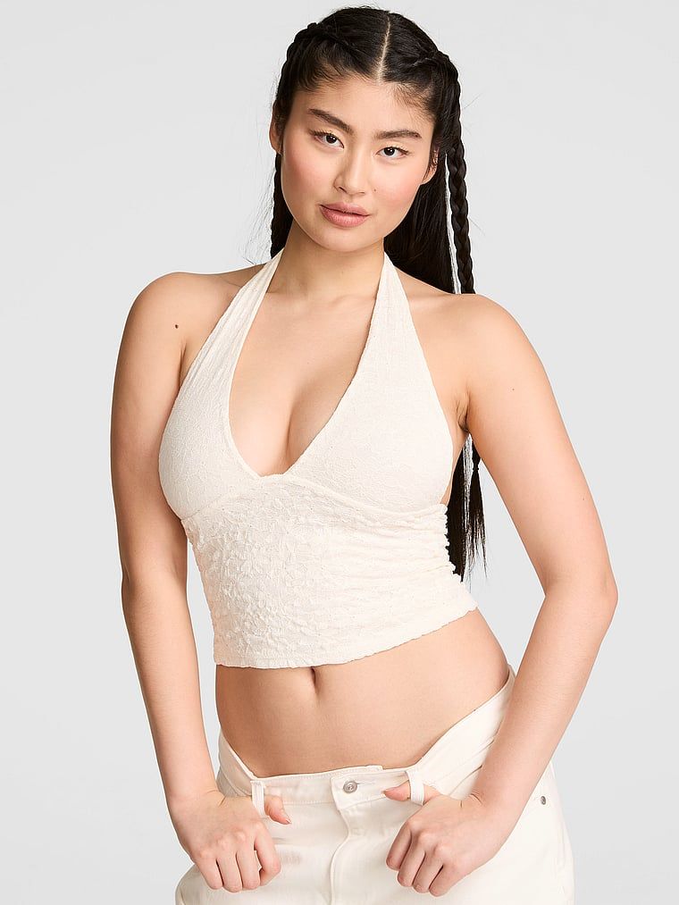Koronkowy top halter PINK Base z głębokim dekoltem