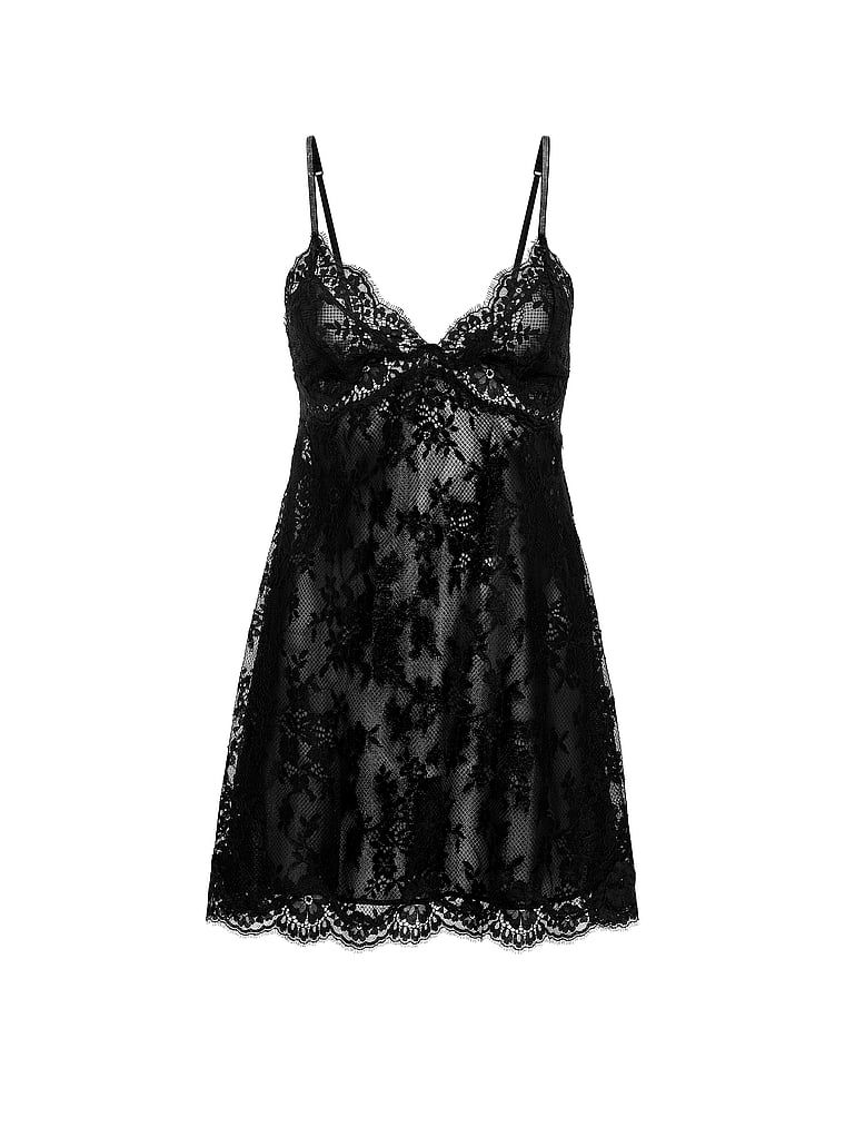 Sukienka mini koronkowa z błyszczącymi ramiączkami Twinkle Strap Slip. Produkt ma kolor czarny i pochodzi z kolekcji Dream Angels. 