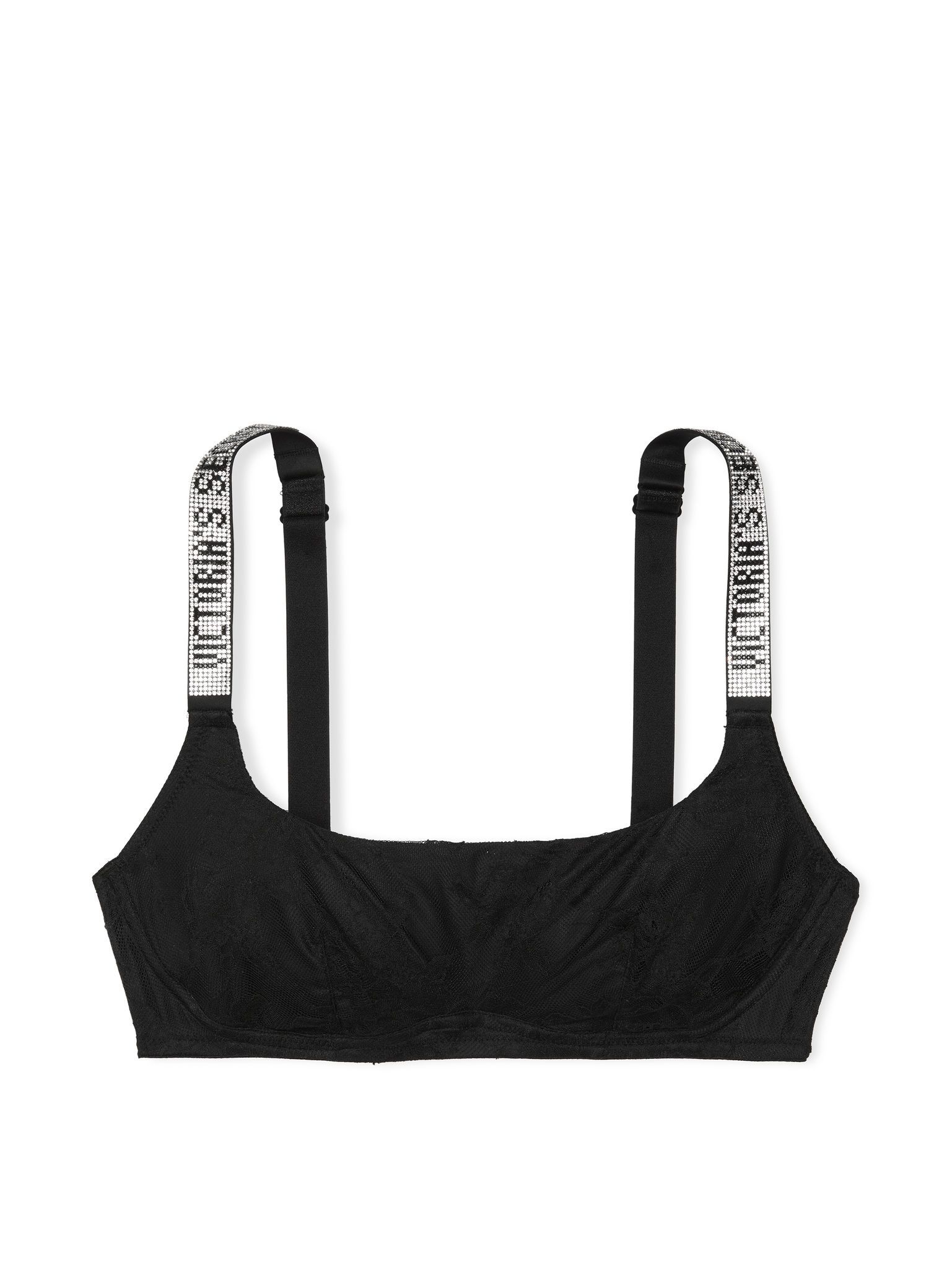 Na zdjęciu na białym tle widoczny jest biustonosz koronkowy braletka bez fiszbin z błyszczącymi ramiączkami Shine Strap. Produkt ma kolor czarny i pochodzi z kolekcji Very Sexy.