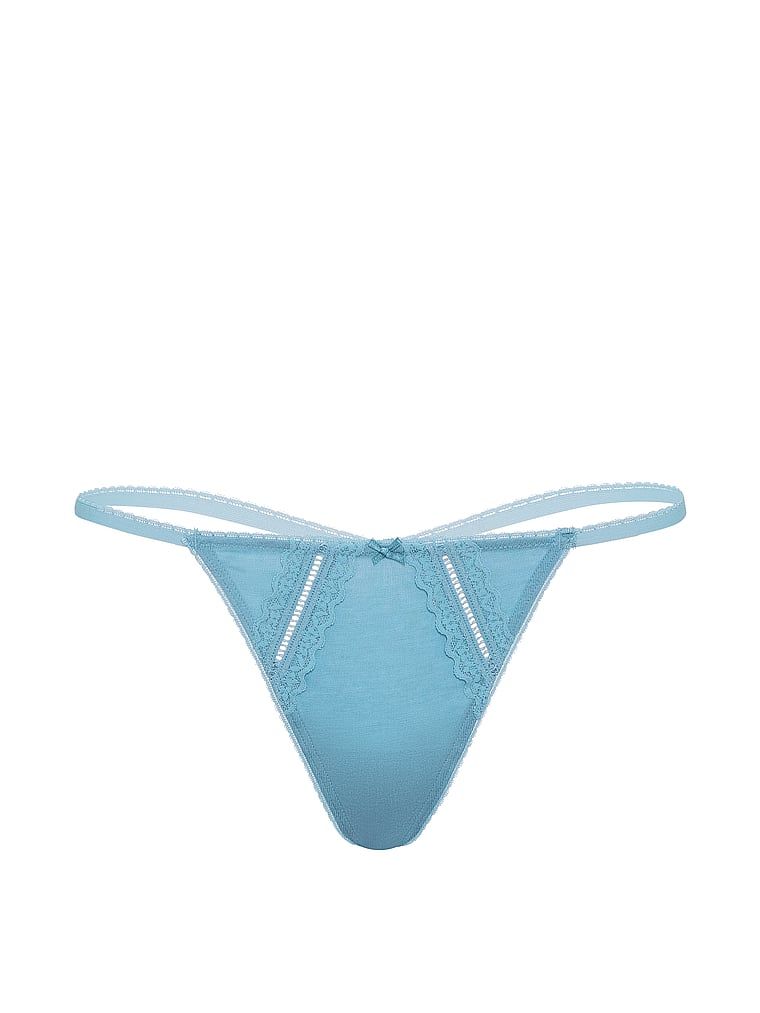 Stringi bawełniane ze wstawkami Lace-Trim. Produkt ma kolor niebieski i pochodzi z kolekcji Victoria's Secret. 