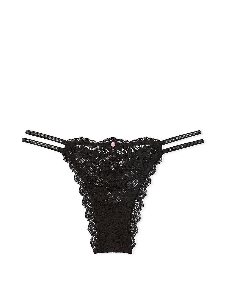 Majtki brazyliany koronkowe z błyszczącymi paseczkami Twinkle Strap Brazilian. Produkt ma kolor czarny i pochodzi z kolekcji Dream Angels. 