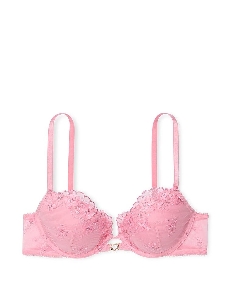 Na zdjęciu na białym tle widoczny jest biustonosz push-up Pretty Petals. Produkt ma kolor różowy i pochodzi z kolekcji Dream Angels.