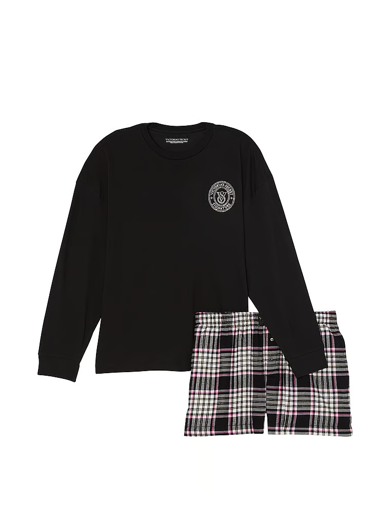 Piżama z flaneli z długimi rekawami i szortami Tee-Jama. Produkt jest wzorzysty i pochodzi z kolekcji Victoria's Secret. 