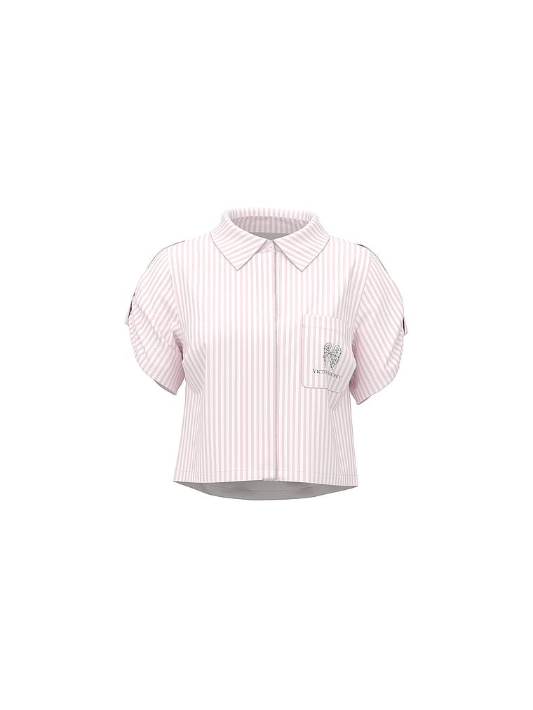 Bluzka koszulowa lniana z krótkimi rękawami na plażę Beachwear Heritage Stripe. Produkt jest wzorzysty i pochodzi z kolekcji Victoria's Secret Swim. 