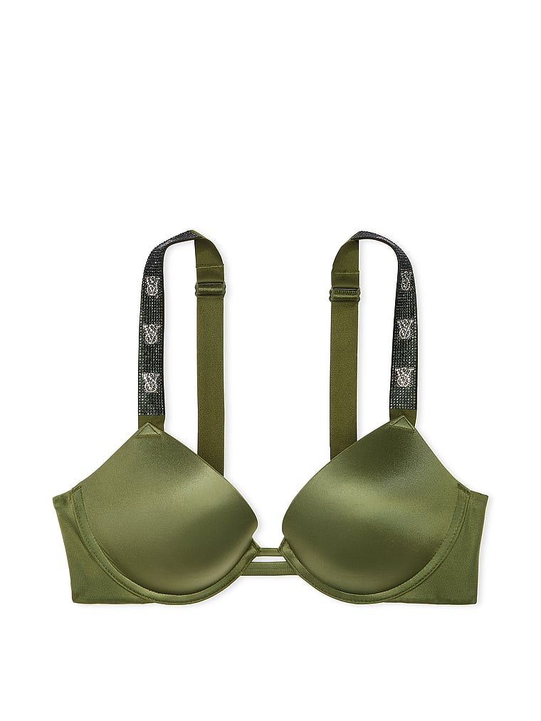 Na zdjęciu na białym tle widoczny jest biustonosz push-up Shine Strap. Produkt ma kolor zielony i pochodzi z kolekcji Very Sexy.