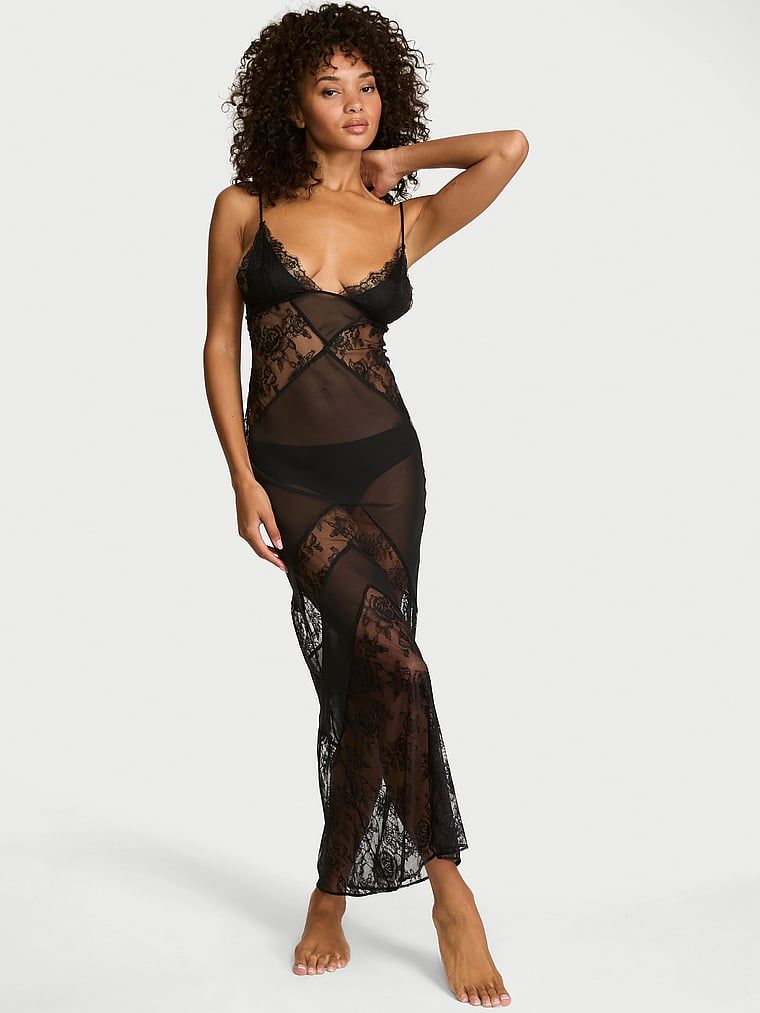 Very Sexy Koszula nocna z szyfonu i koronki maxi