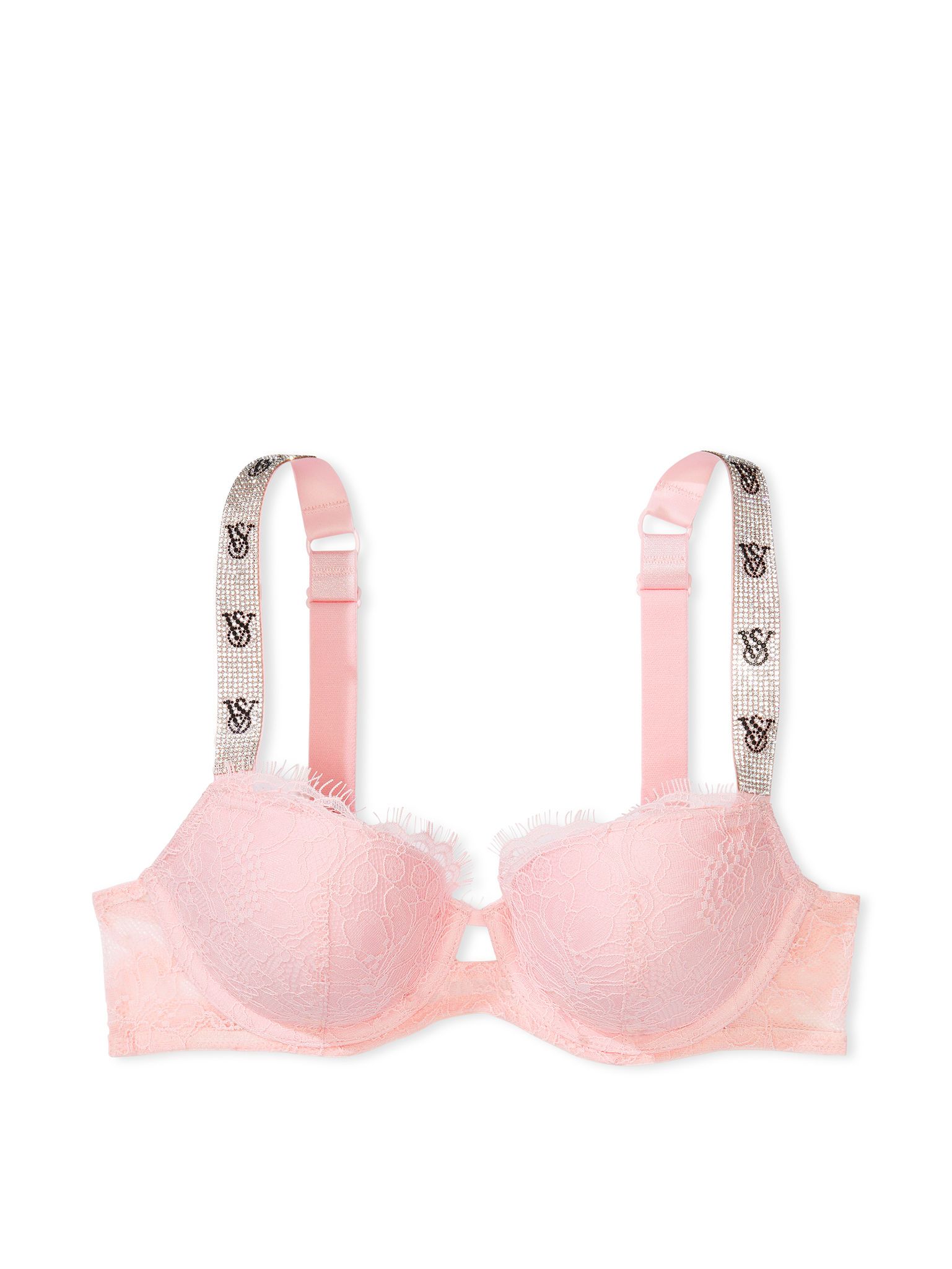 Na zdjęciu na białym tle widoczny jest biustonosz push-up koronkowy z błyszczącymi ramiączkami Shine Strap. Produkt ma kolor różowy i pochodzi z kolekcji Very Sexy.