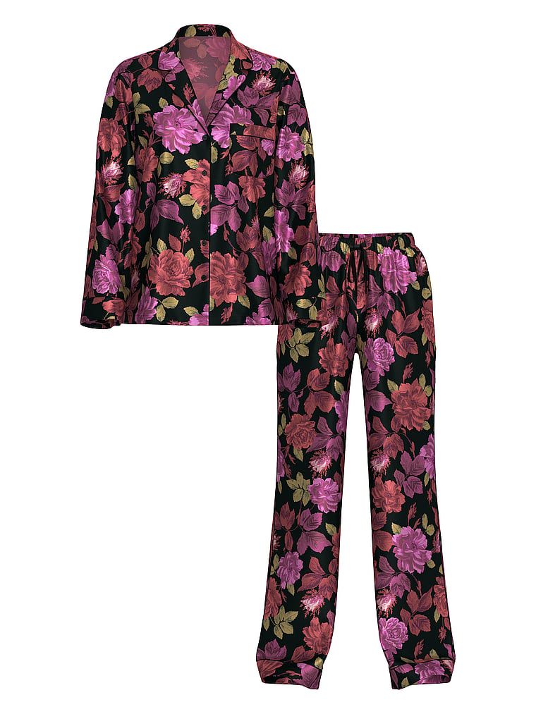 Piżama satynowa błyszcząca z długimi rękawami Glazed Satin. Produkt ma wzór kwiatowy i pochodzi z kolekcji Victoria's Secret. 
