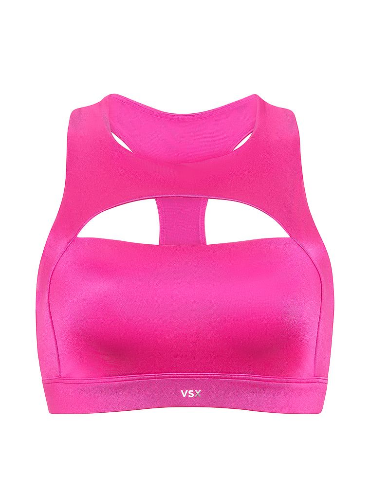 Biustonosz sportowy z błyszczącego materiału VSX GlossyTech. Produkt ma kolor różowy i pochodzi z kolekcji VSX. 