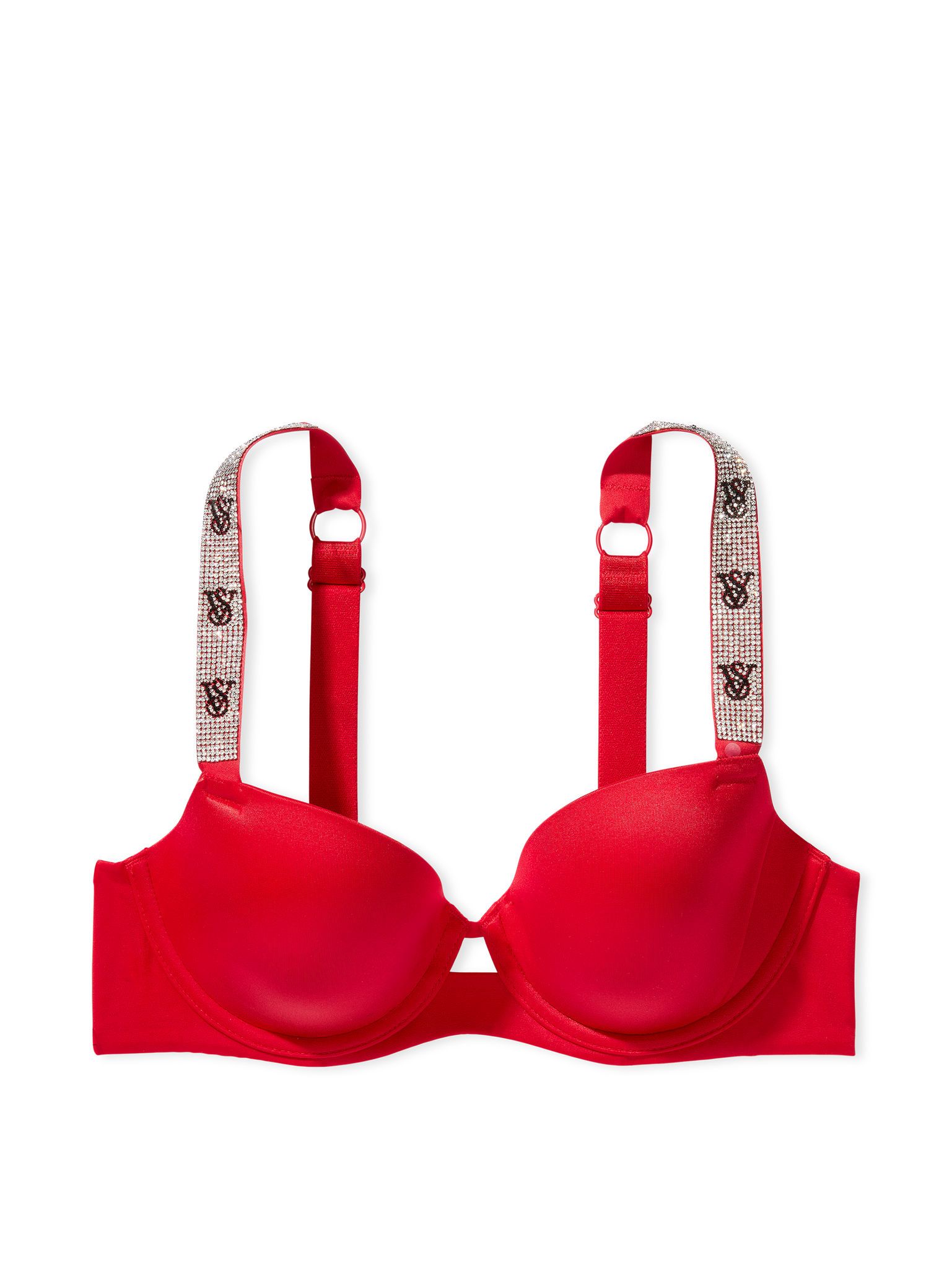 Na zdjęciu na białym tle widoczny jest biustonosz lekko usztywniany z błyszczącymi ramiączkami Shine Strap Demi. Produkt ma kolor czerwony i pochodzi z kolekcji Very Sexy.