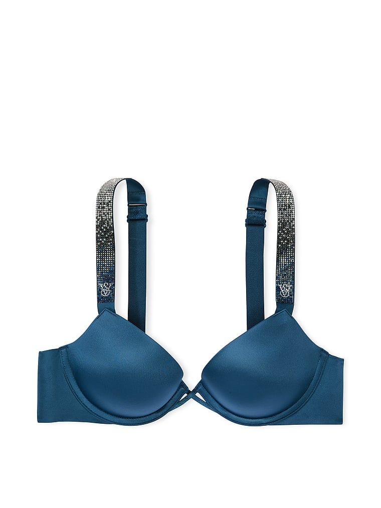 Na zdjęciu na białym tle widoczny jest biustonosz push-up Shine Strap. Produkt ma kolor niebieski i pochodzi z kolekcji Very Sexy.