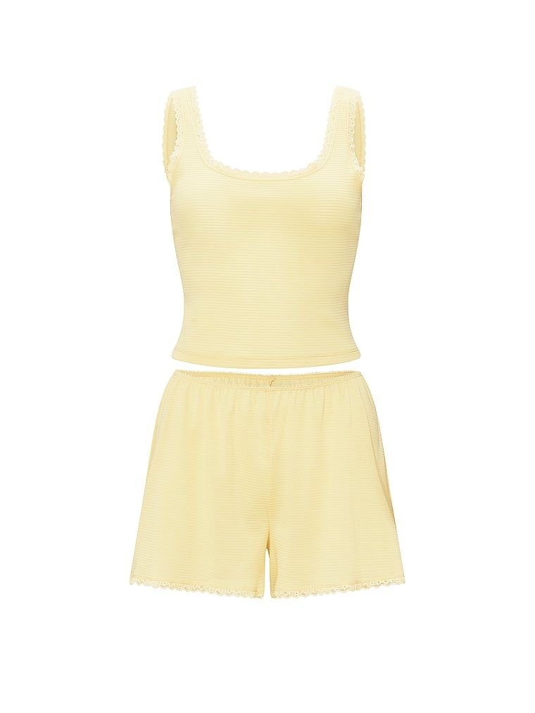 Zestaw do spania z bawełny - top i szorty Shadow Stripe. Produkt ma kolor żółty i pochodzi z kolekcji Victoria's Secret. 