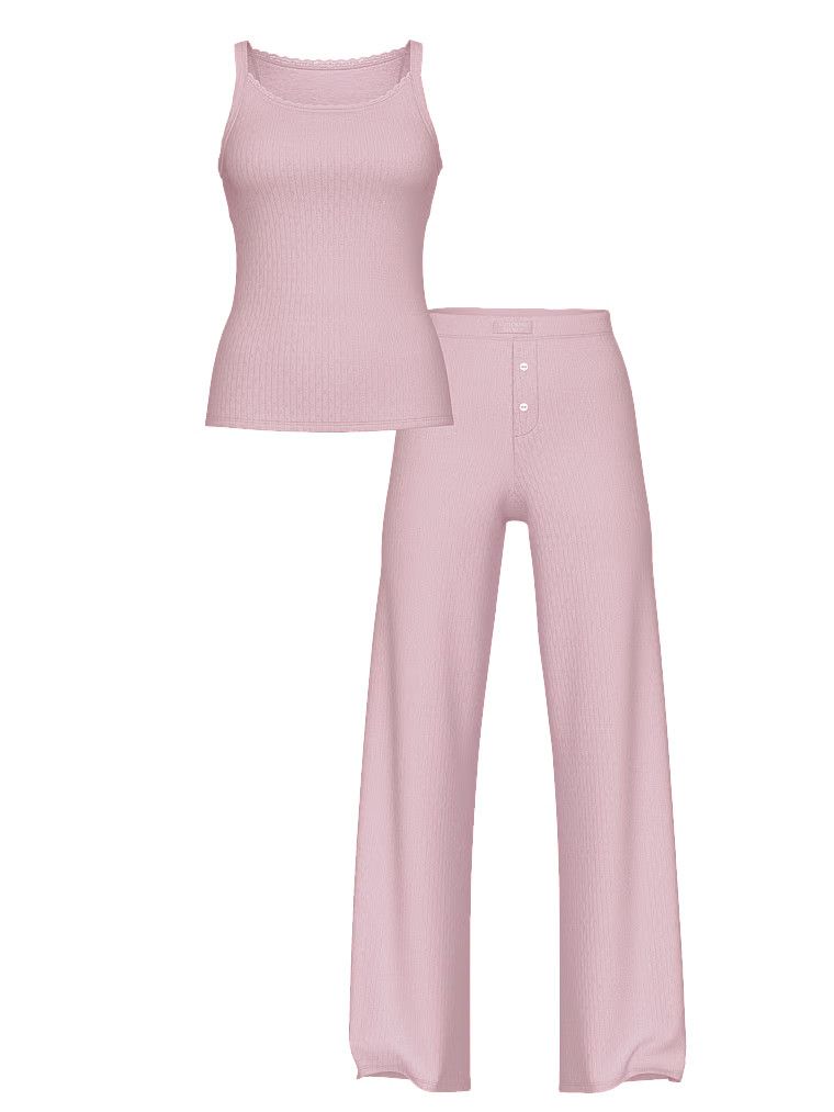 Piżama z modalu - bluzka na ramiączkach i długie spodnie Pointelle. Produkt ma kolor purpurowy i pochodzi z kolekcji Victoria's Secret. 