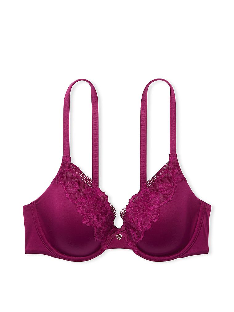 Na zdjęciu na białym tle widoczny jest biustonosz lekko usztywniany z mocno zabudowanymi miseczkami z koronką. Produkt ma kolor czerwony i pochodzi z kolekcji Body by Victoria.