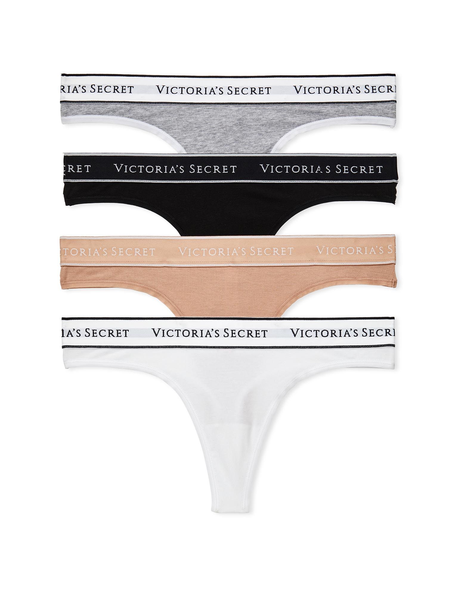 Victoria's Secret Zestaw stringów bawełnianych z logo - 4 sztuki