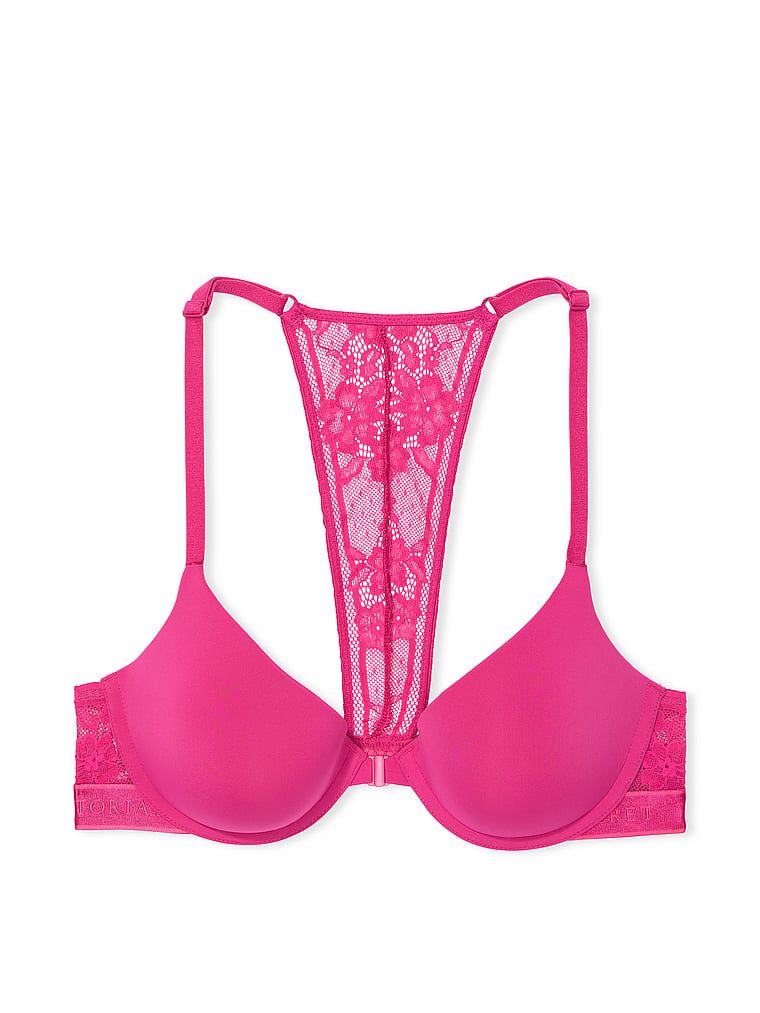 Na zdjęciu na białym tle widoczny jest biustonosz lekko usztywniany zapinany z przodu Lace-Trim Demi. Produkt ma kolor różowy i pochodzi z kolekcji T-shirt.