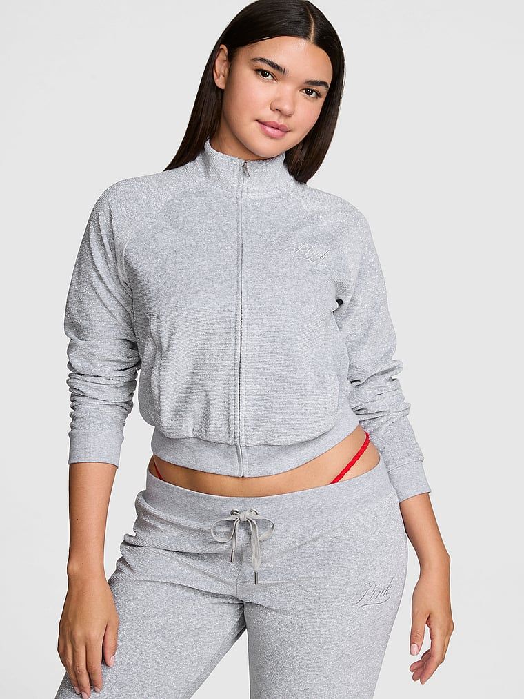 PINK Welurowa bluza Vintage ze stójką i zamkiem na całej długości