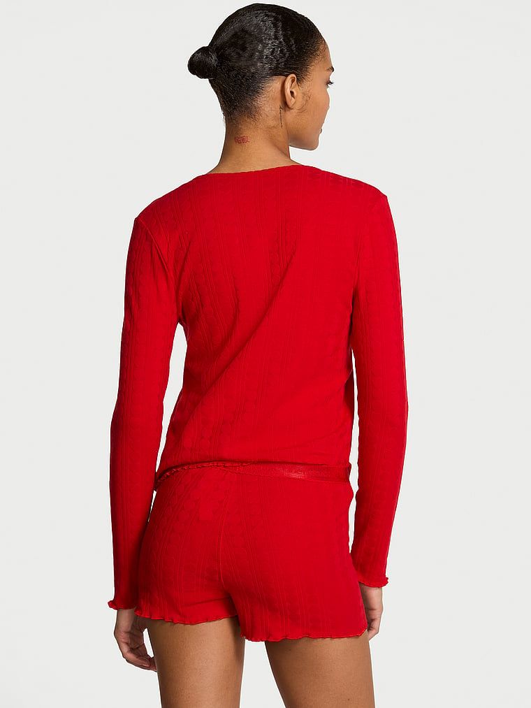 Piżama bawełniana z długimi rękawami i szortami Heart Pointelle. Produkt ma kolor czerwony i pochodzi z kolekcji Victoria's Secret. 