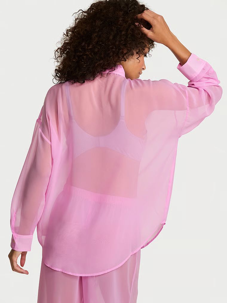 Bluzka koszulowa z szyfonu do spania. Produkt ma kolor różowy i pochodzi z kolekcji Victoria's Secret. 