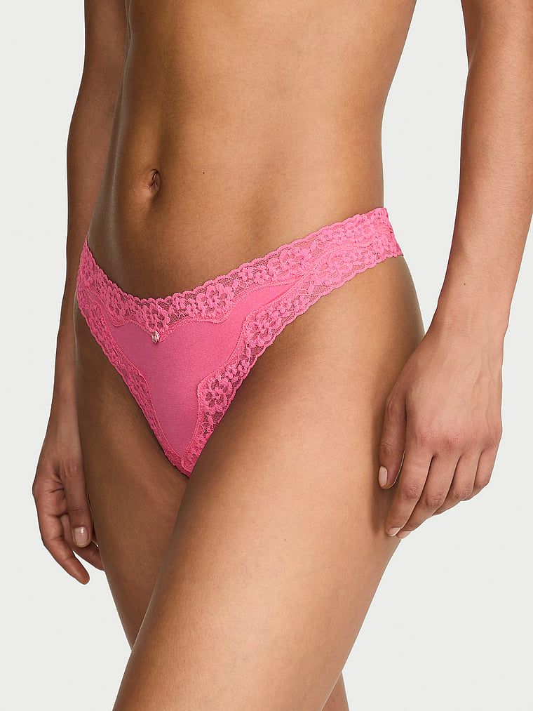 Lace Trim Stringi bawełniane z koronką Lace-Trim